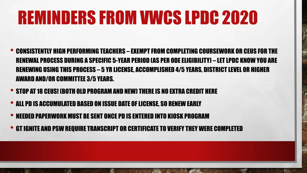 reminders from vwcs lpdc 2020