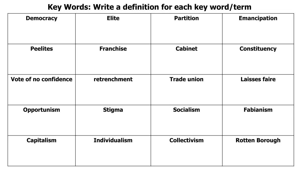 key words write a definition for each key word