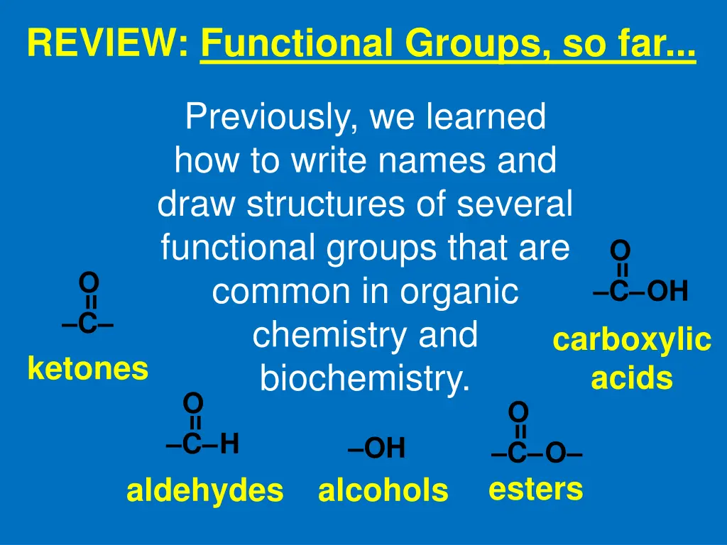 review functional groups so far