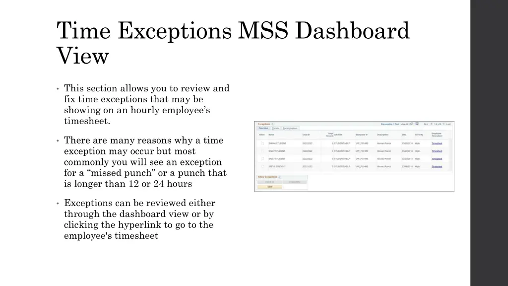 time exceptions mss dashboard view