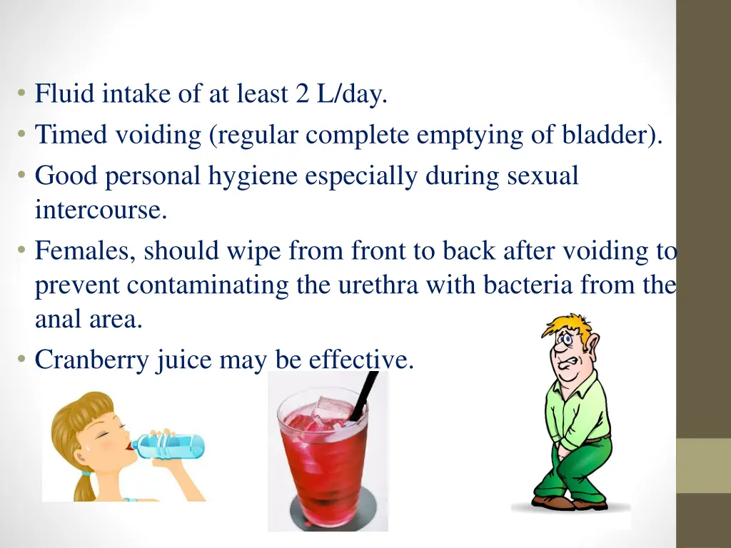 fluid intake of at least 2 l day timed voiding