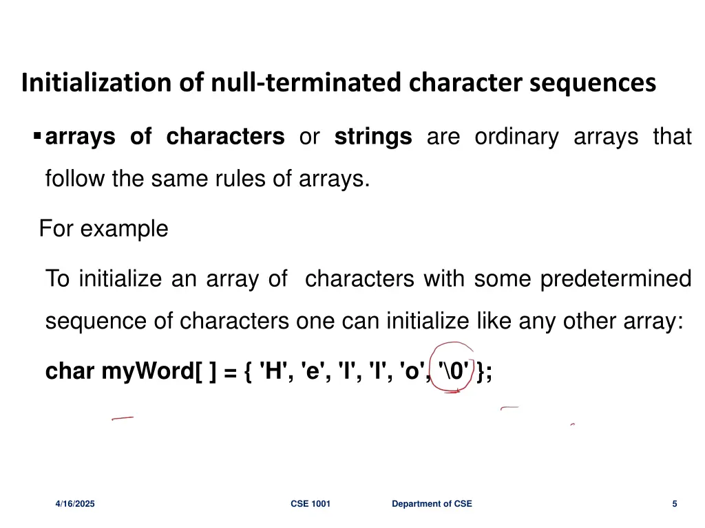 initialization of null terminated character