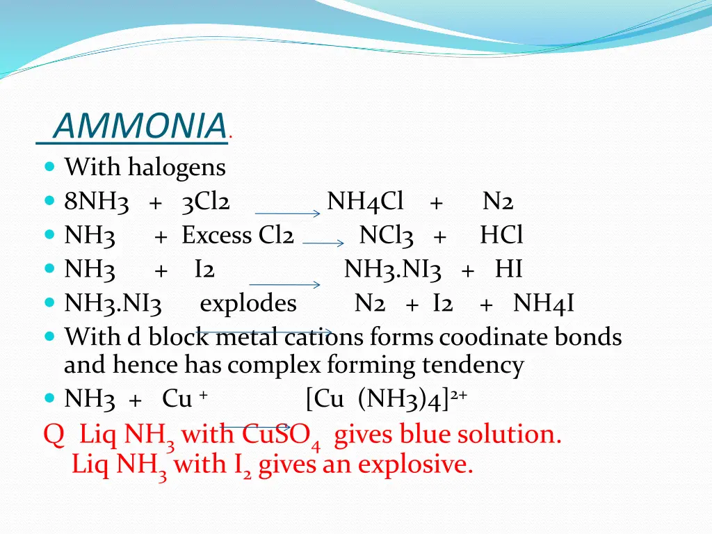 ammonia with halogens 8nh3 3cl2 nh4cl