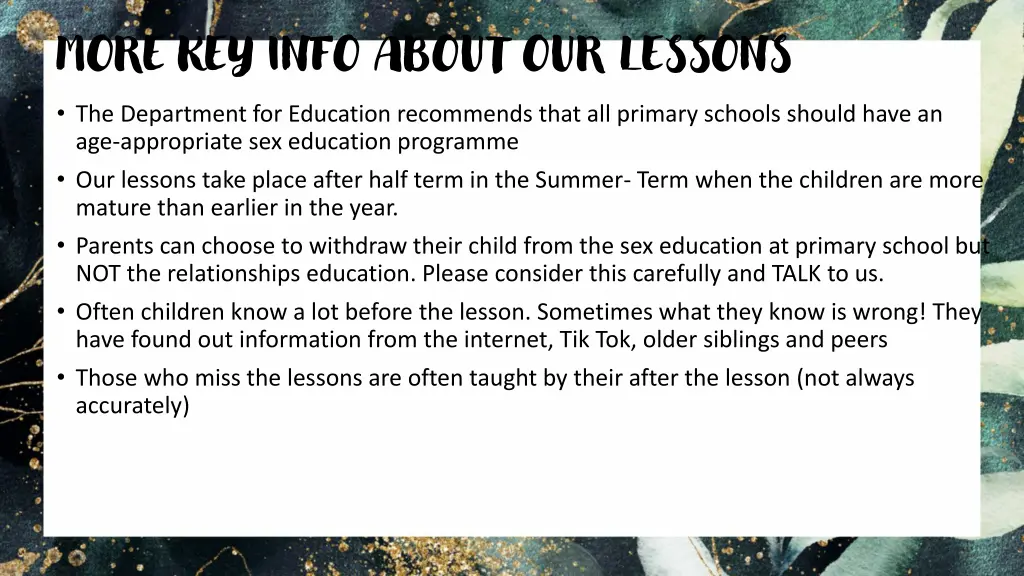 more key info about our lessons the department