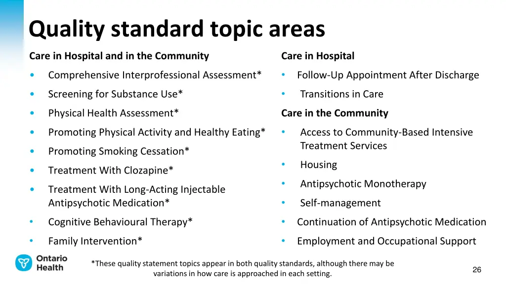 quality standard topic areas