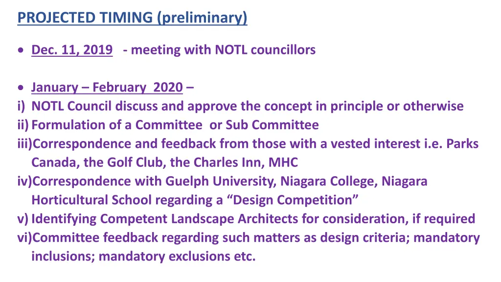 projected timing preliminary