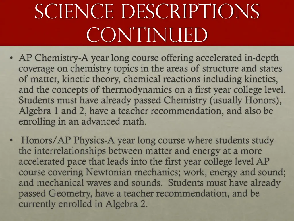 science descriptions continued