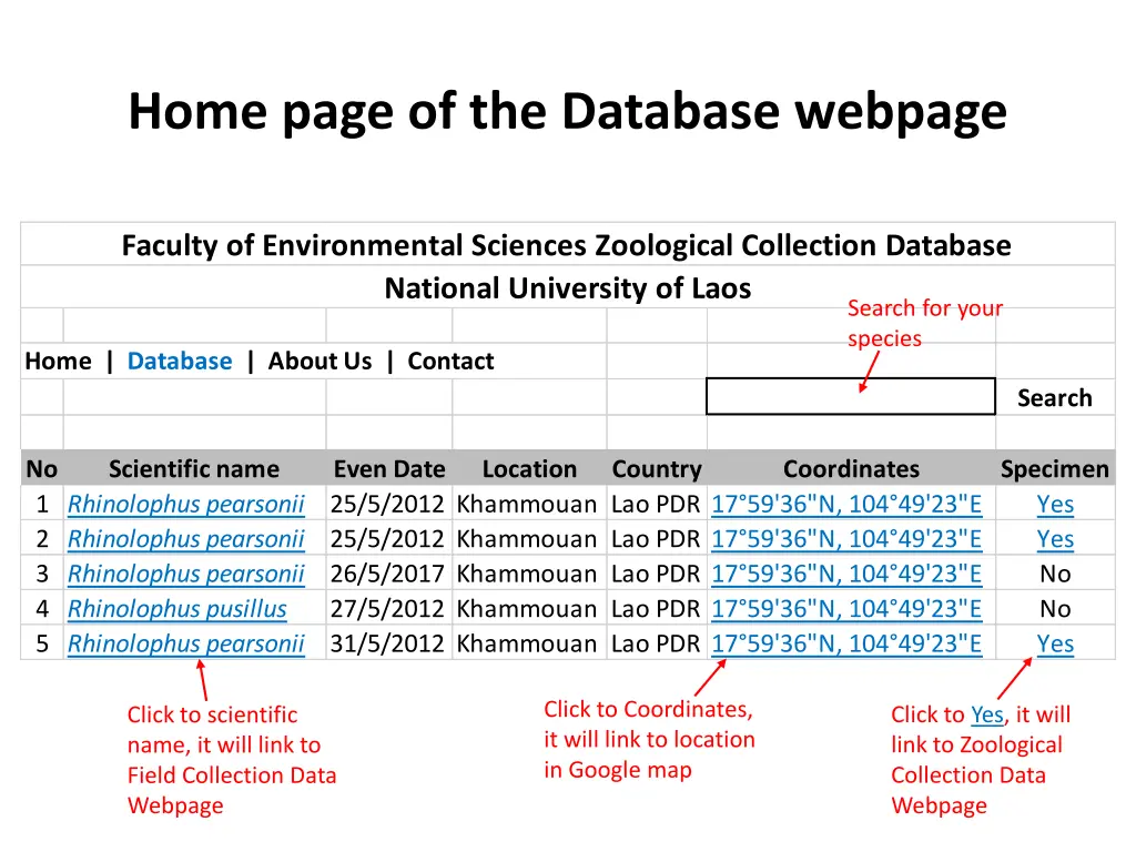 home page of the database webpage