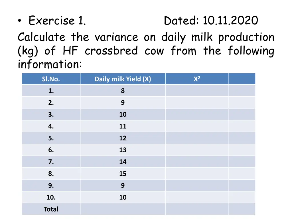 exercise 1 calculate the variance on daily milk