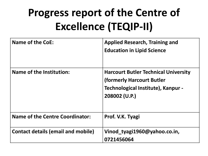 progress report of the centre of excellence teqip