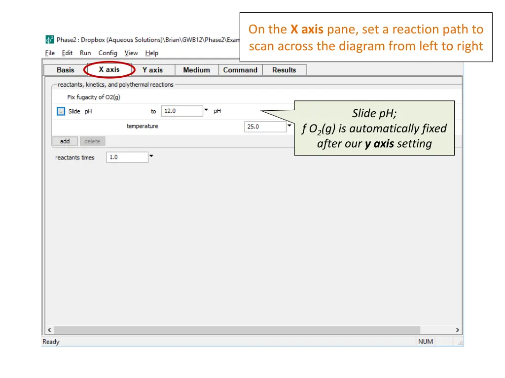 on the x axis pane set a reaction path to scan