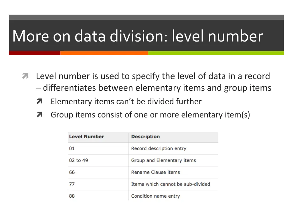 more on data division level number 1