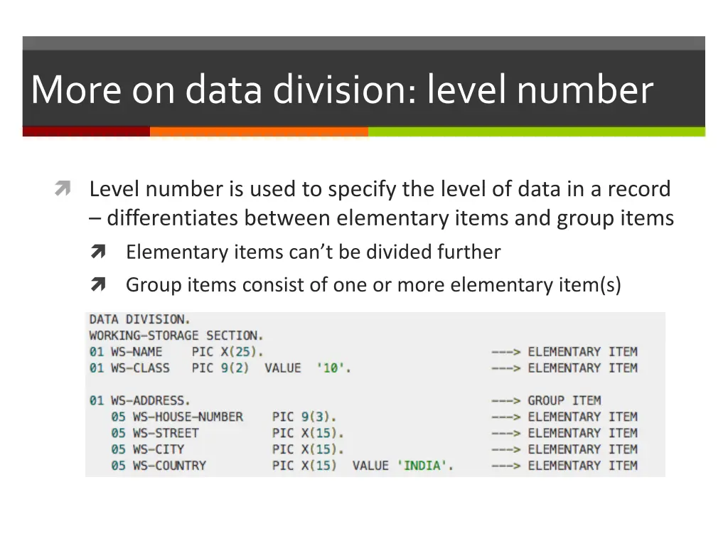 more on data division level number
