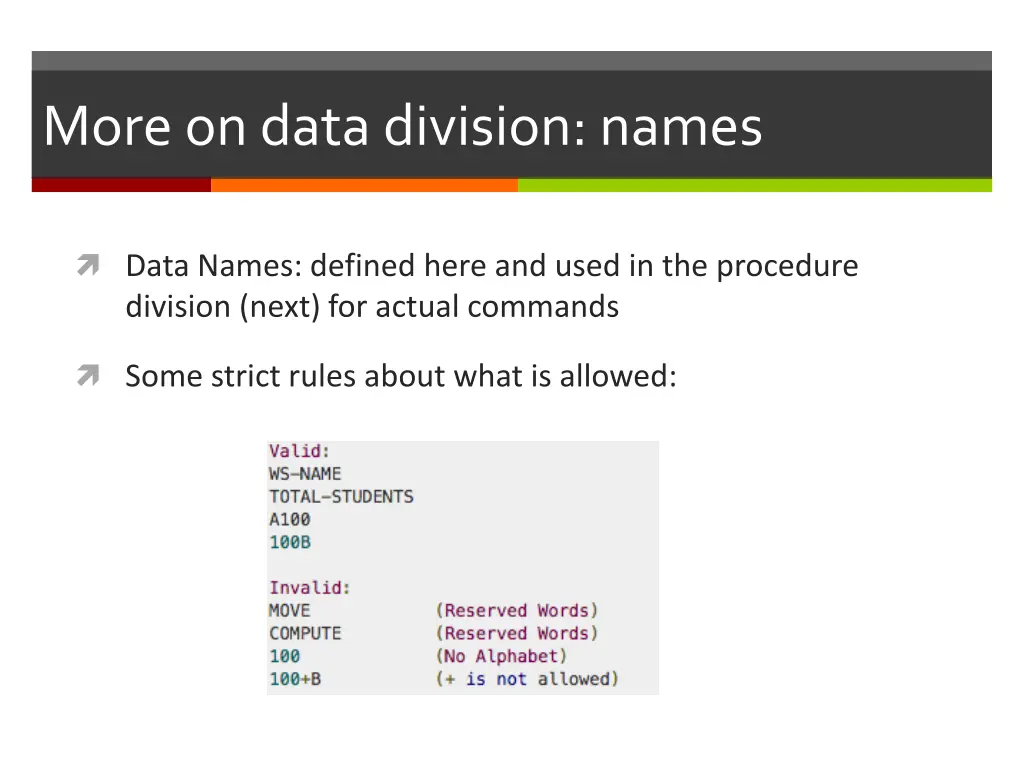 more on data division names