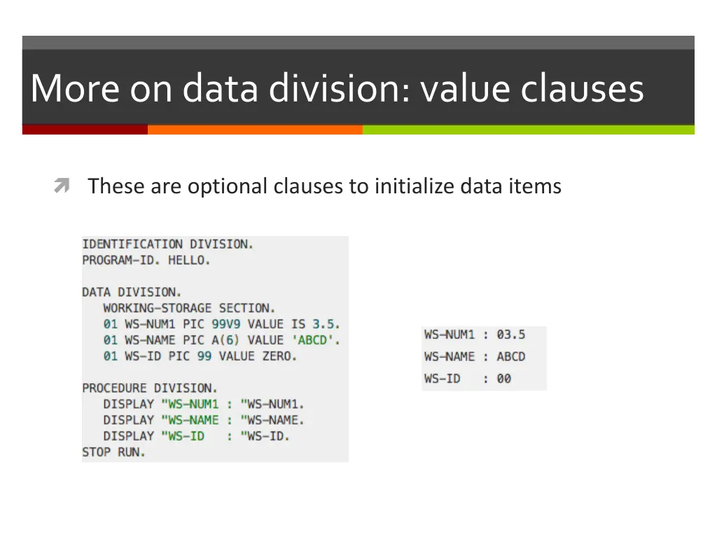 more on data division value clauses