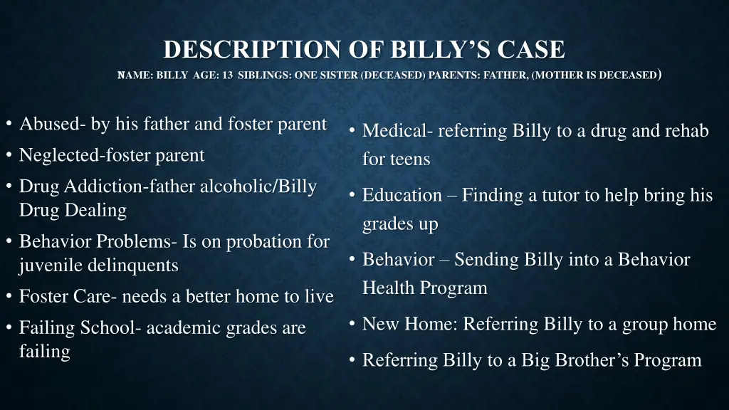 description of billy s case n ame billy