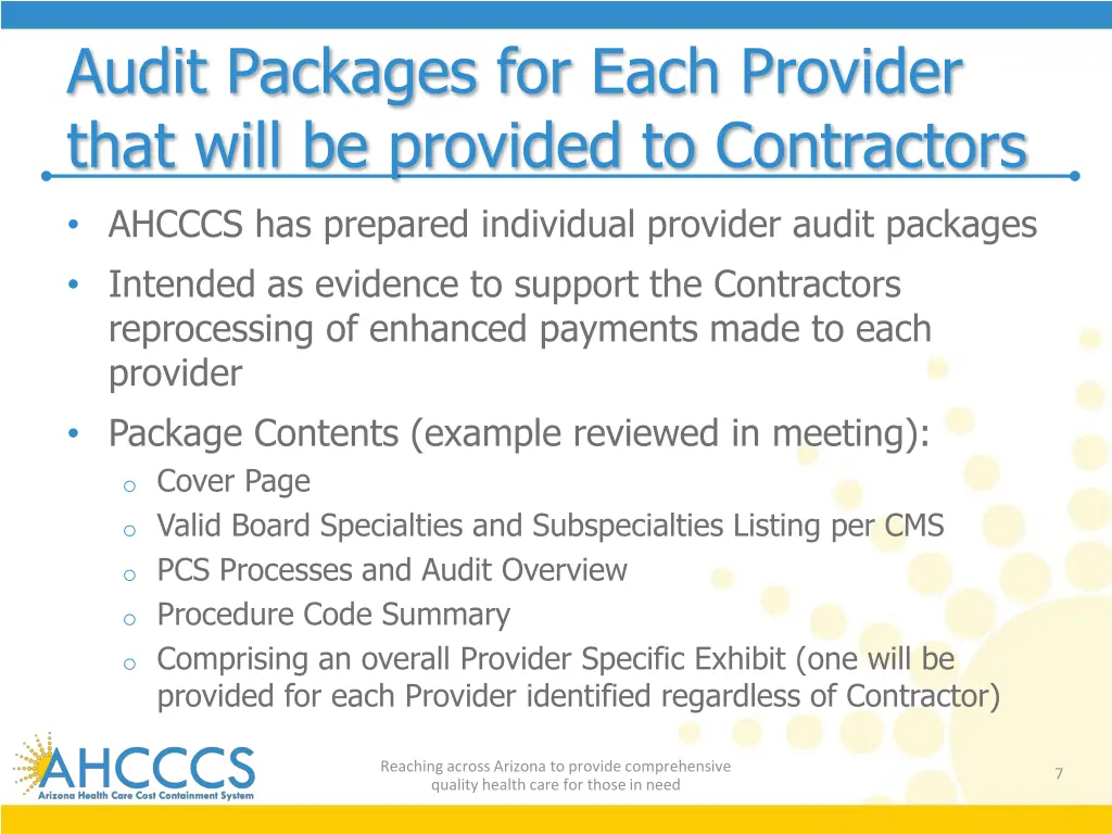 audit packages for each provider that will