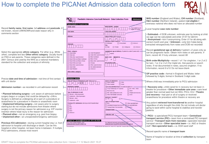 how to complete the picanet admission data