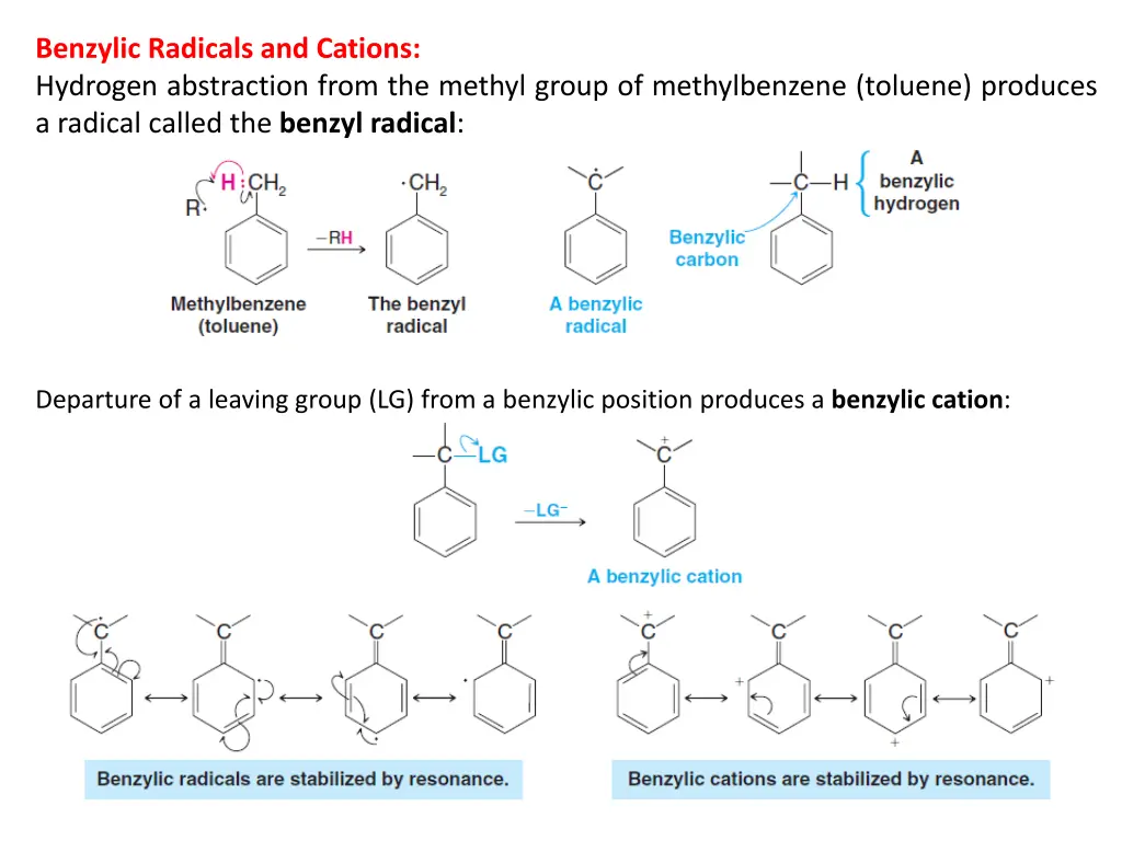 benzylic radicals and cations hydrogen