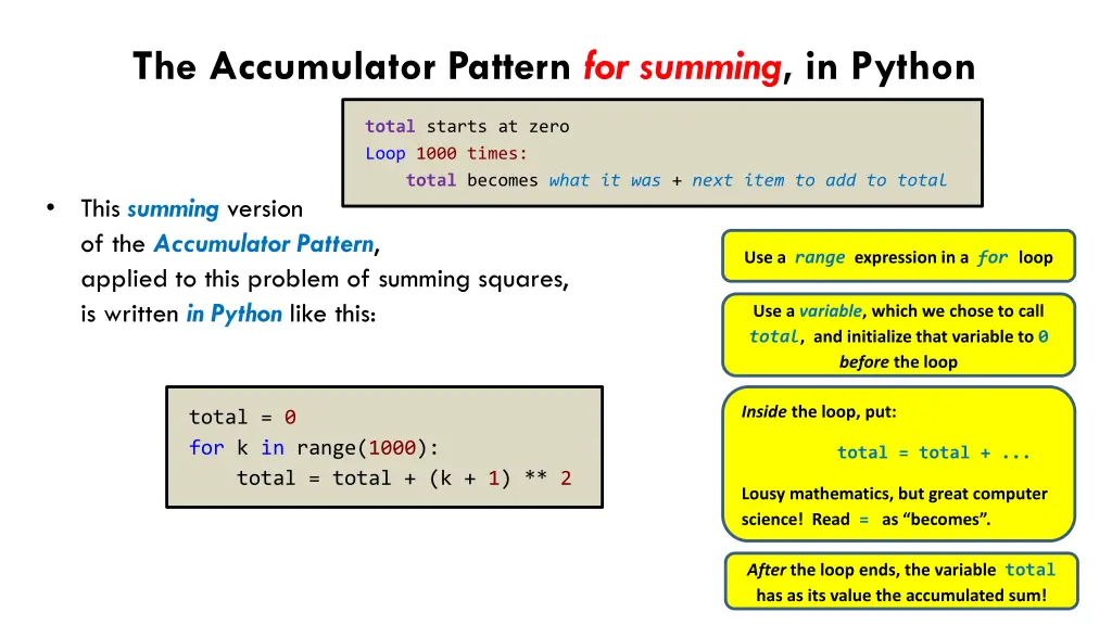 the accumulator pattern for summing in python