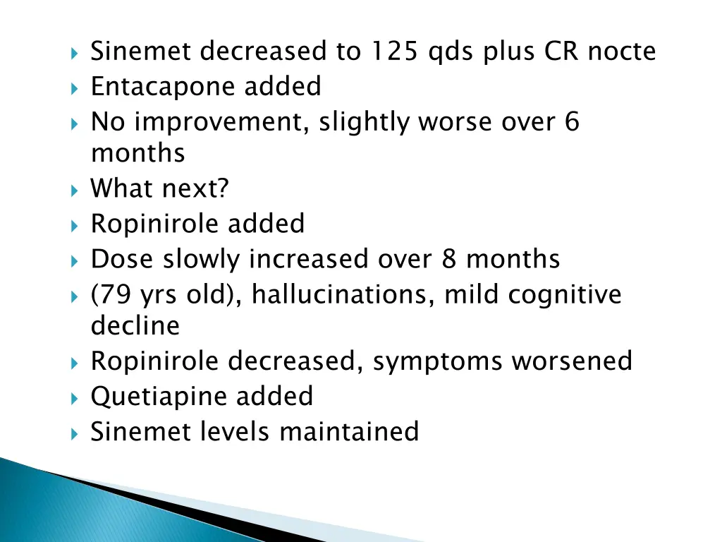 sinemet decreased to 125 qds plus cr nocte