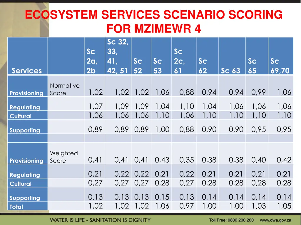 ecosystem services scenario scoring for mzimewr