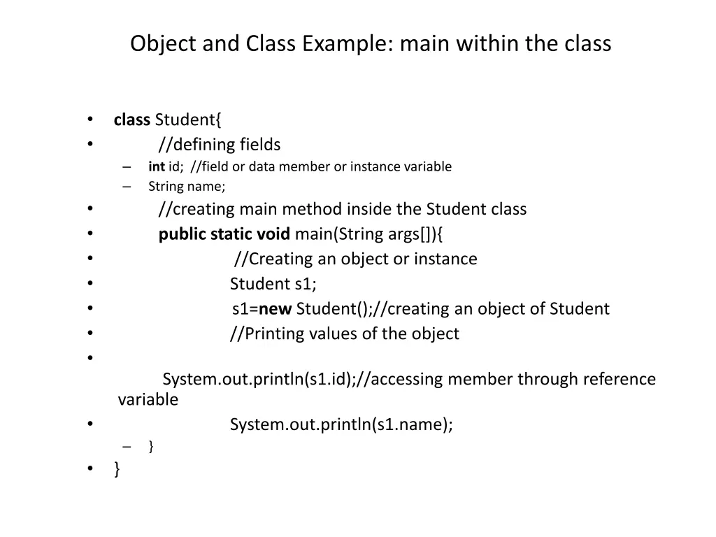object and class example main within the class