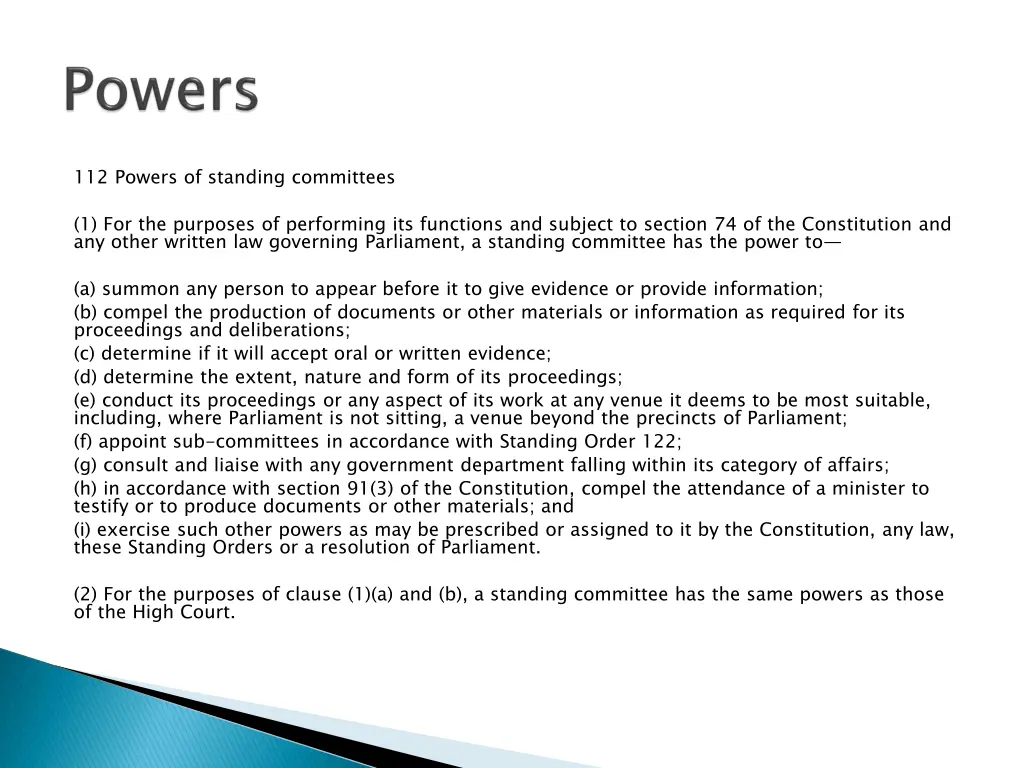 112 powers of standing committees