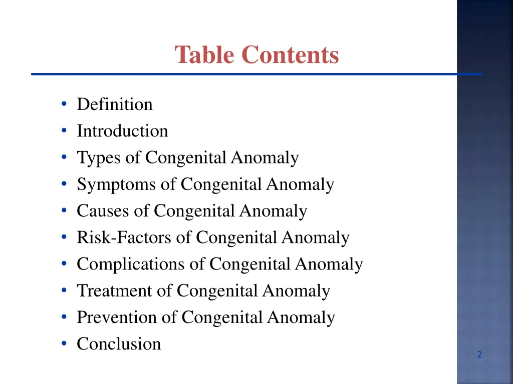 table contents