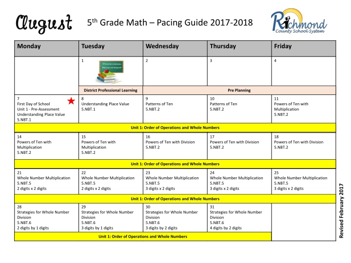 5 th grade math pacing guide 2017 2018
