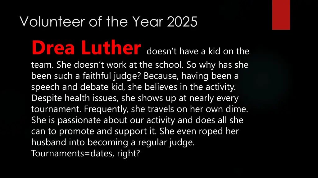 volunteer of the year 2025 drea luther doesn
