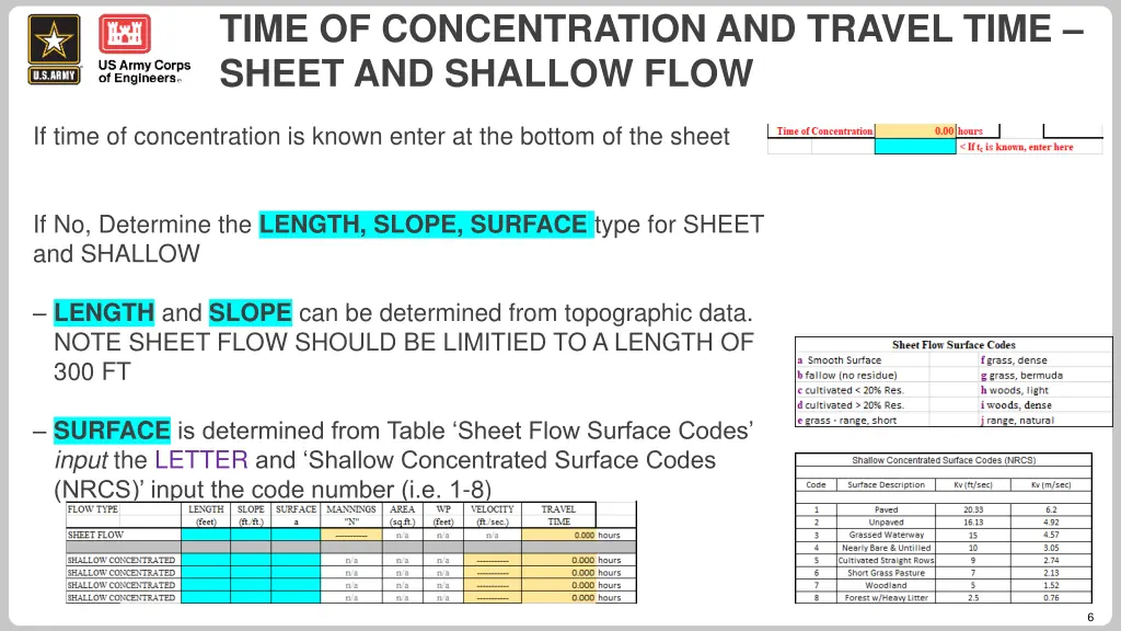 time of concentration and travel time sheet