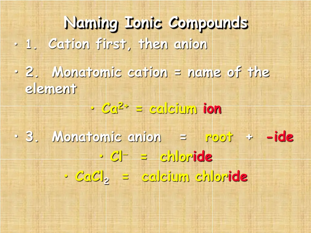 naming ionic compounds 1 cation first then anion