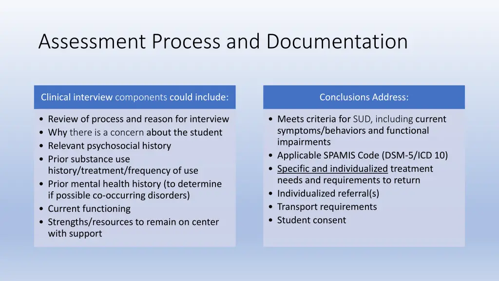 assessment process and documentation