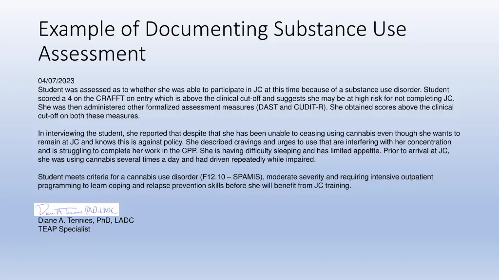 example of documenting substance use assessment