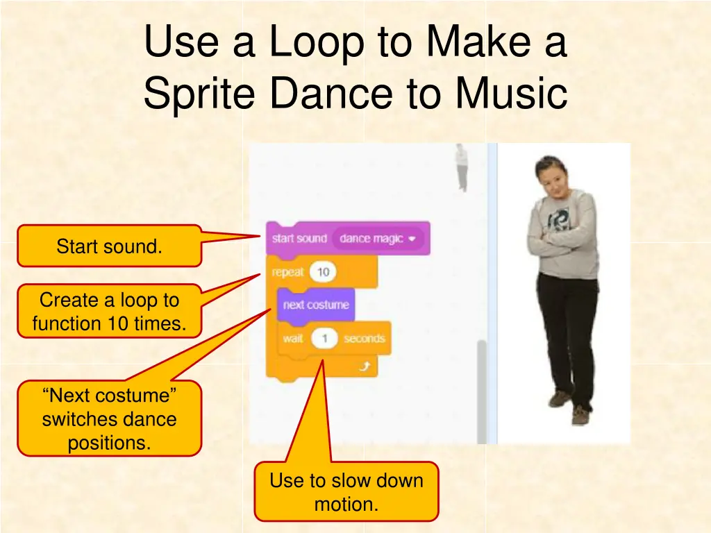 use a loop to make a sprite dance to music