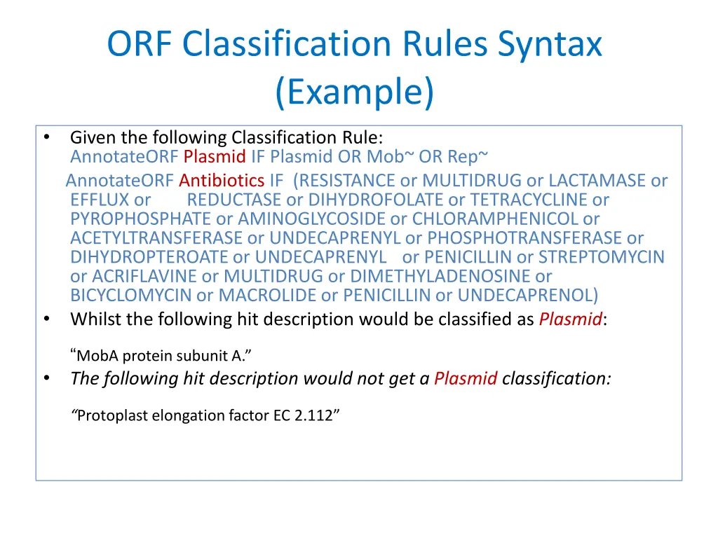 orf classification rules syntax example