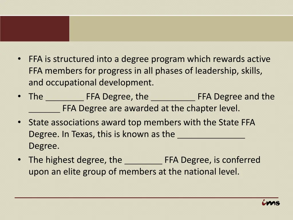 ffa is structured into a degree program which