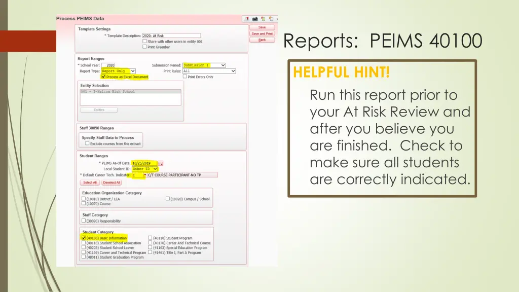 reports peims 40100 1