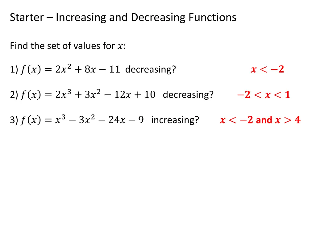 starter increasing and decreasing functions