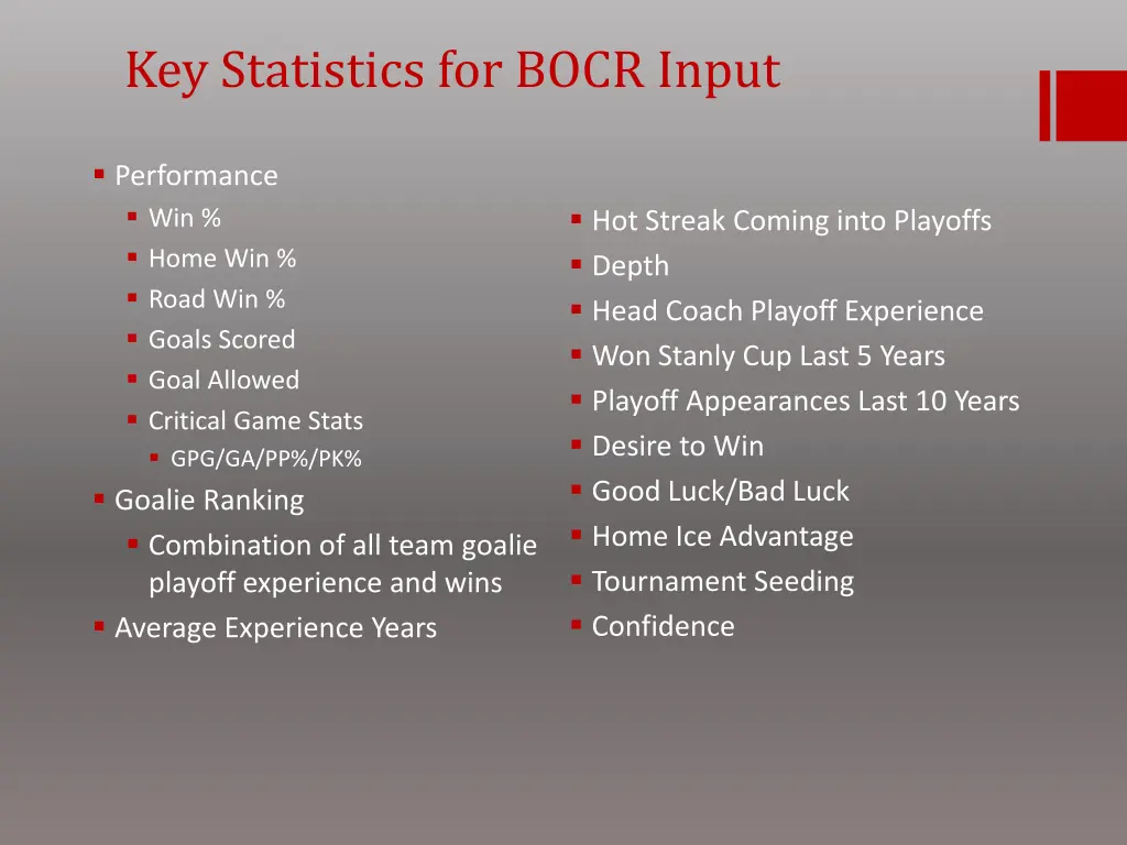 key statistics for bocr input