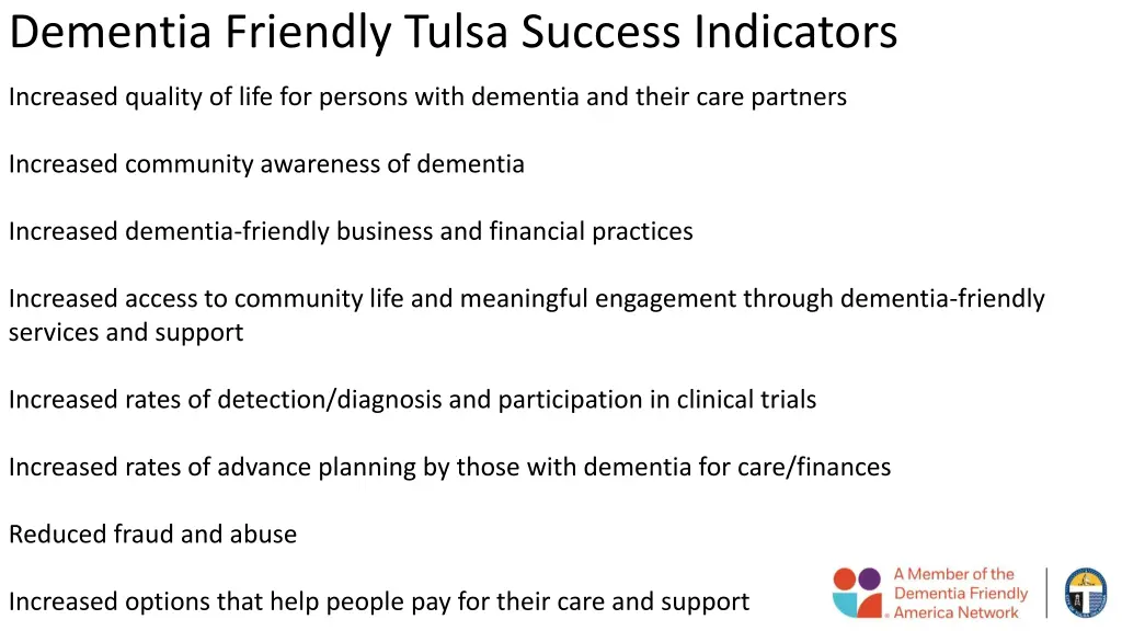 dementia friendly tulsa success indicators