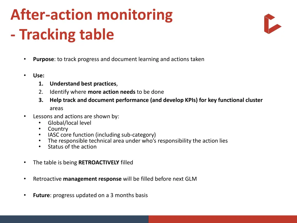 after action monitoring tracking table