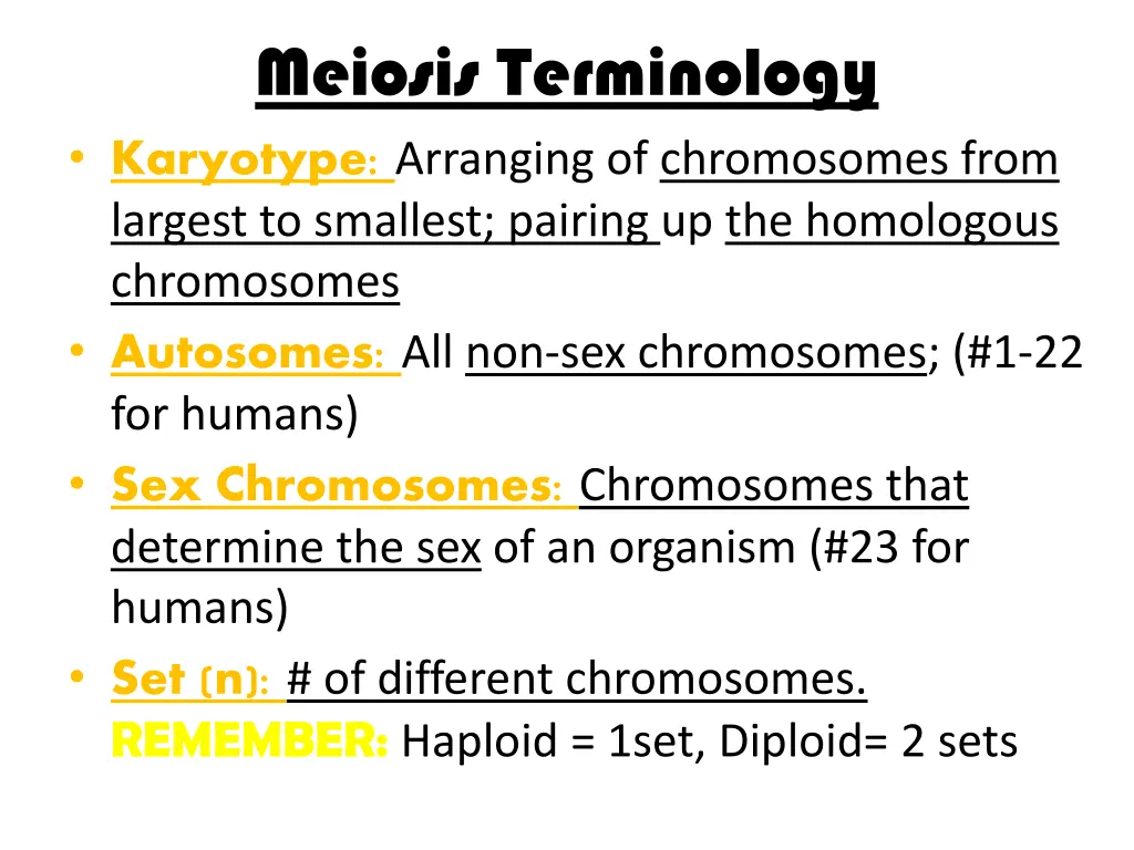 meiosis terminology karyotype arranging