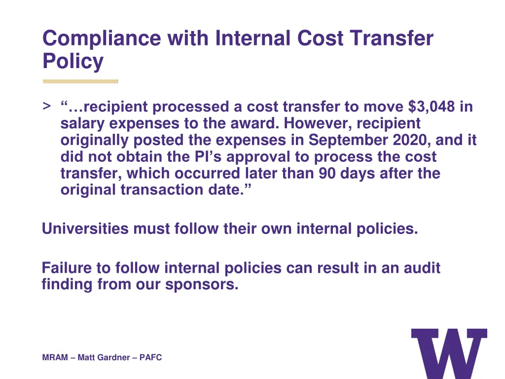 compliance with internal cost transfer policy