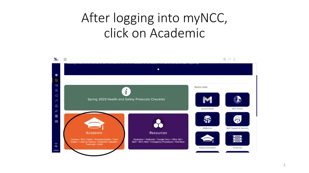 after logging into myncc click on academic