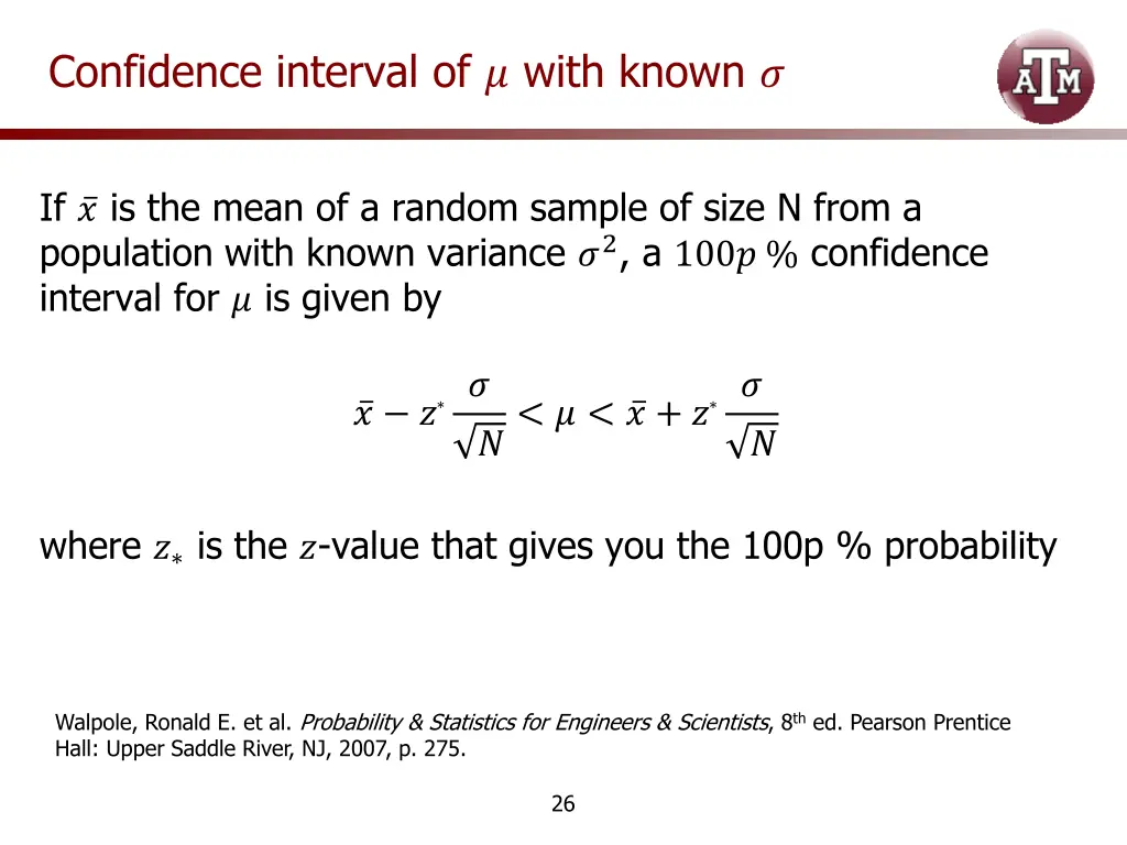 confidence interval of with known
