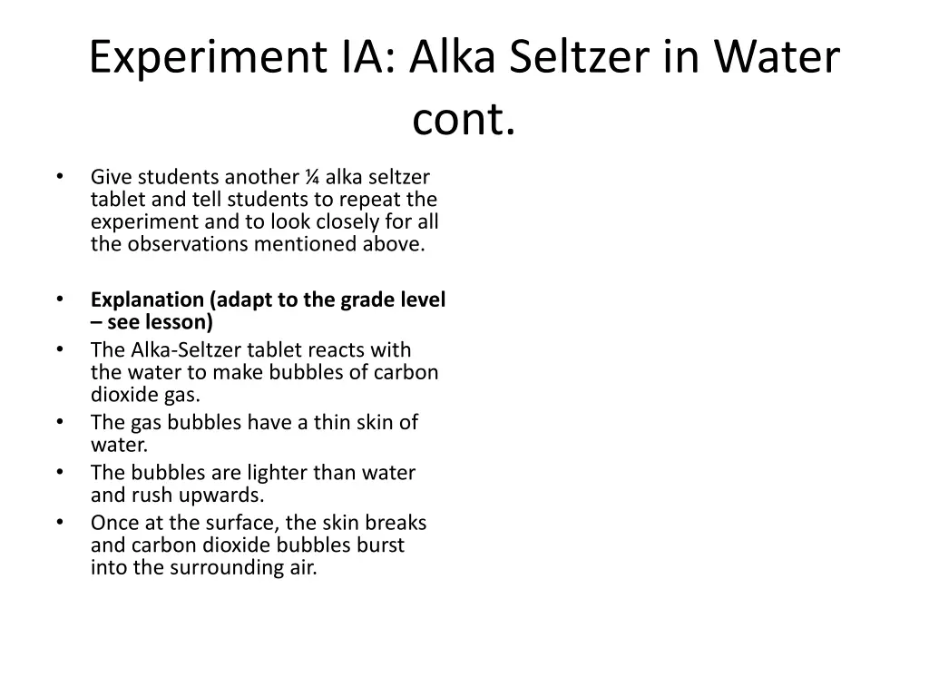 experiment ia alka seltzer in water cont