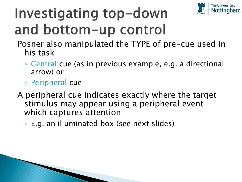 posner also manipulated the type of pre cue used