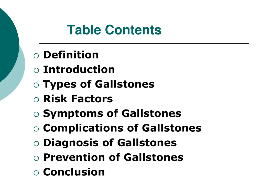 table contents